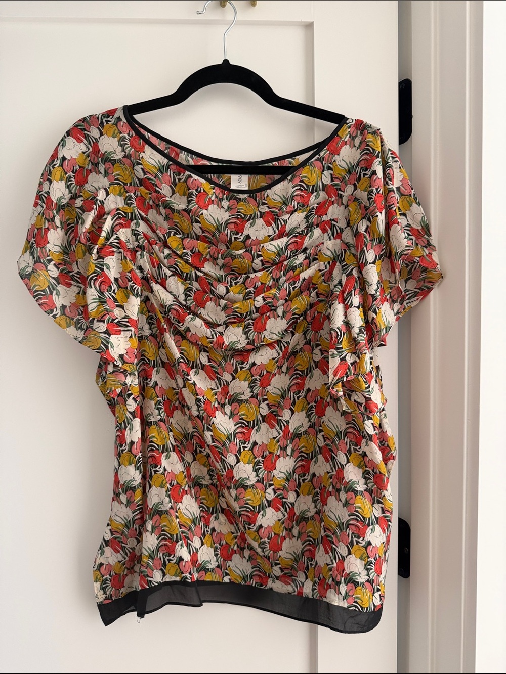 Floral Drape-Neck Blouse in Red, Yellow & Cream